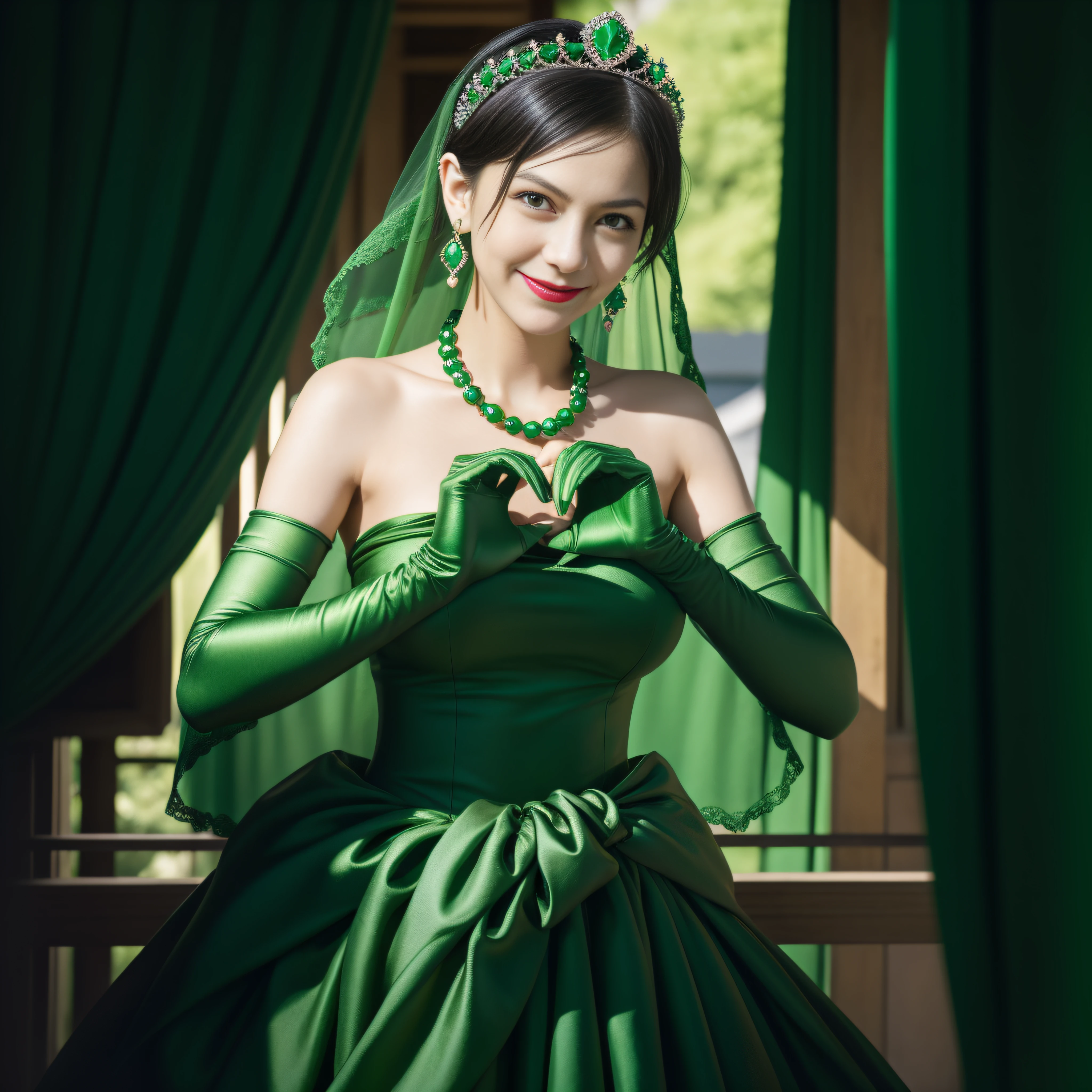 emerald tiara, Green Pearl Necklace, Boyish very short black hair, lipsticks, Japan woman smiling, very short short hair, big breasts beautiful, Green eyes, Long green gloves made of satin material, Green eyes, Emerald Earrings, green vale, Heart with both hands