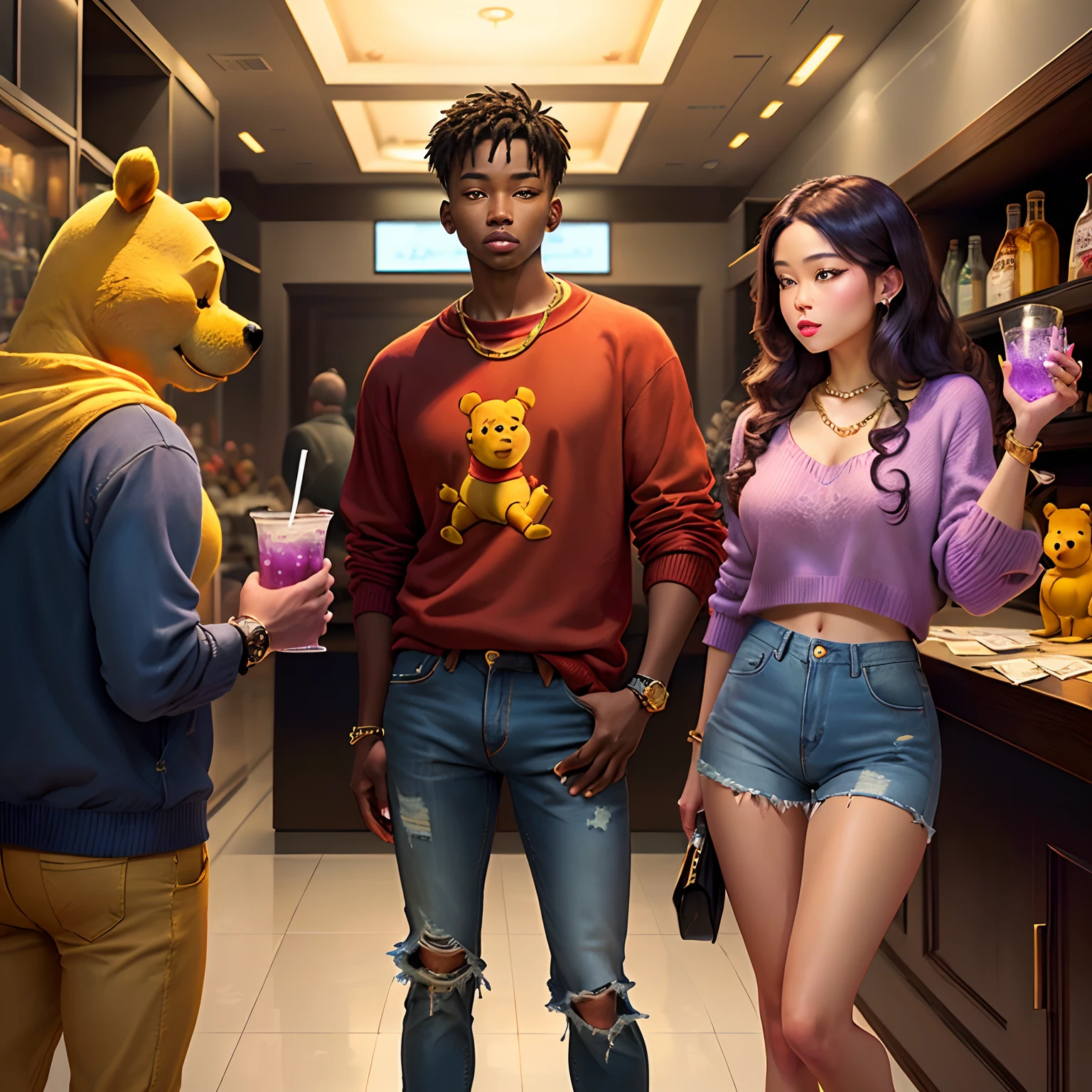 Winnie The Pooh wearing a red designer sweater, gold chain, red designer ripped jeans, diamond watch on wrist, holding a white cup of purple soda with ice, and standing around cash and money, money.