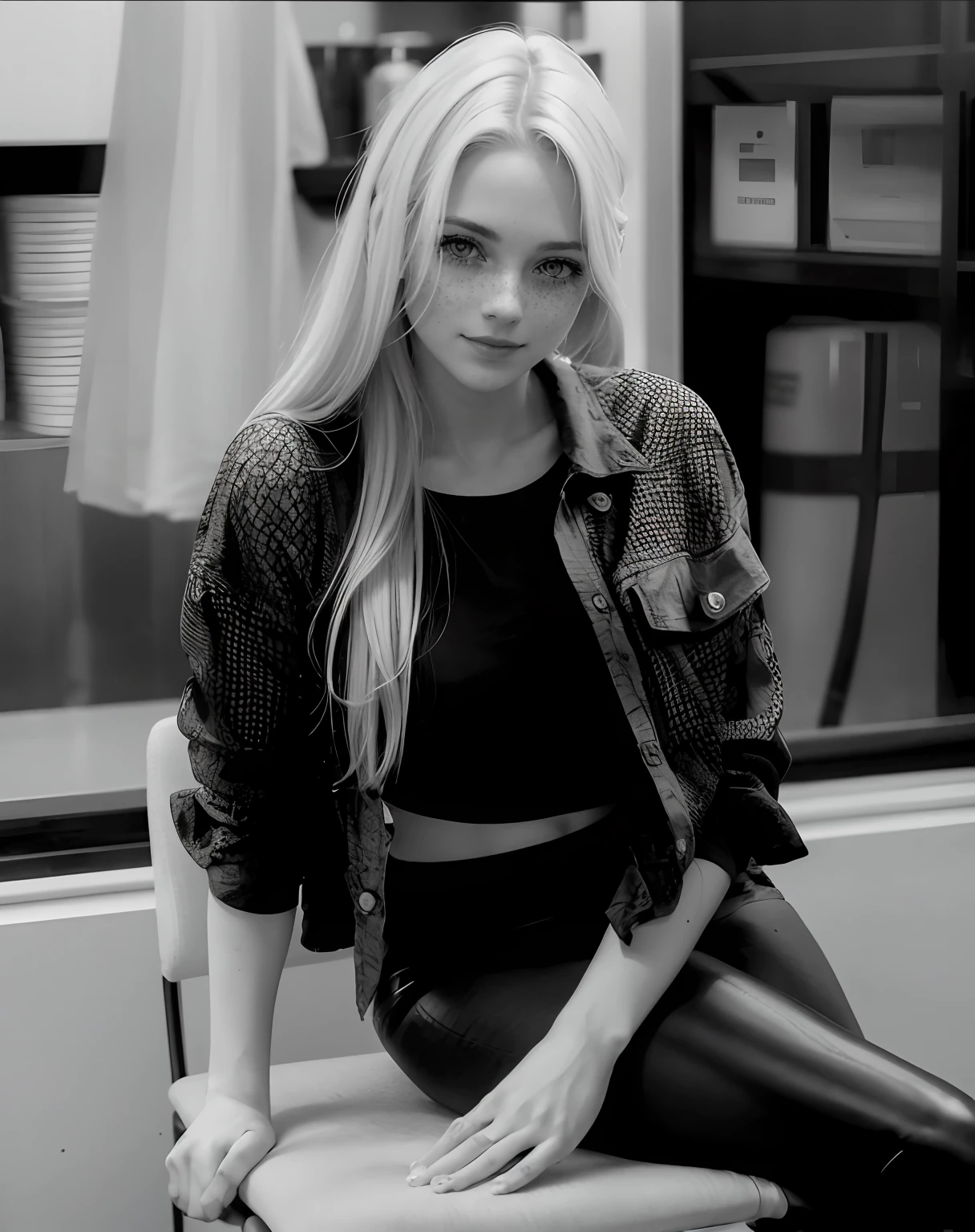 1girl in, age19, Solo, Long hair, size c tits, Looking at Viewer, blondehair, tight top, shiny black leather leggins , blue eyes, Full body, Sweaters, Realistic, A sexy, light beige and dark azure, celebrity images mashups, swiss realism , instagram influencer