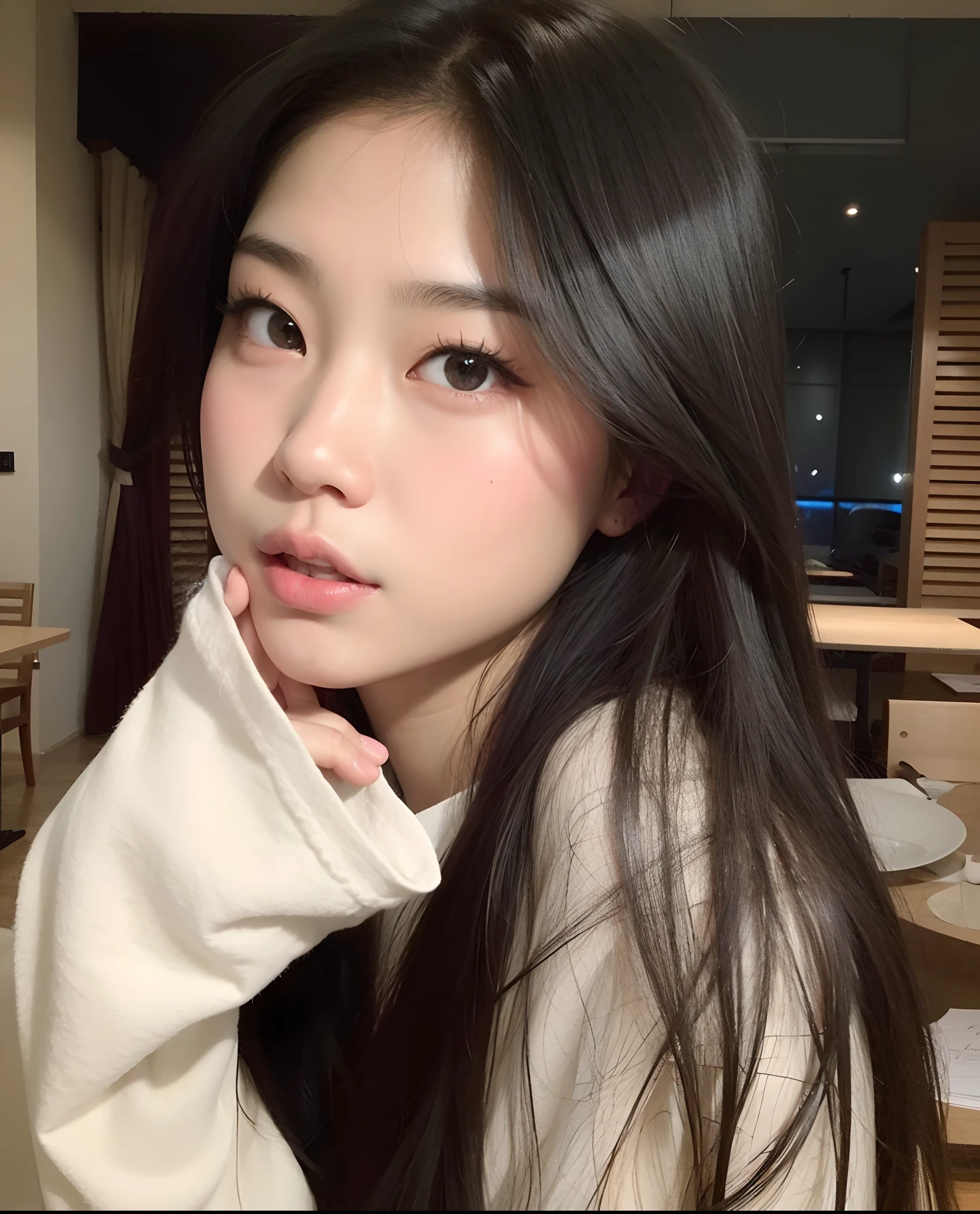 Arafed Asian woman with long black hair and a white shirt, young adorable korean face, coreana, Ulzzang, young cute wan asian face, wan adorable korean face, Mulher sul-coreana bonita, south east asian with round face, korean face features, mulher coreana jovem bonita, linda mulher coreana jovem, com rosto redondo, Jaeyeon Nam, maquiagem sul-coreana popular