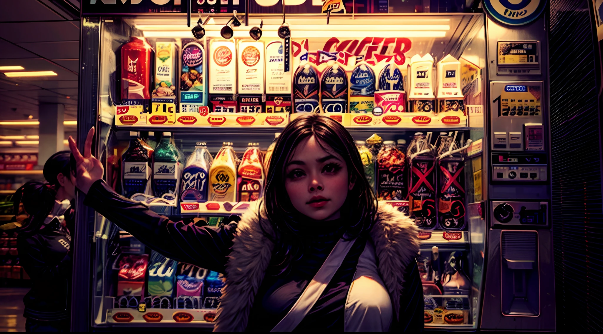 araffe vending machine with a seductive woman standing in front of it, lofi girl, stood in a supermarket, in a mall, super vibrant cyberpunk, lofi girl aesthetic, convenience store, soda themed girl, smooth in _ the background, semi-realism, at a mall, (((low light))), nsfw