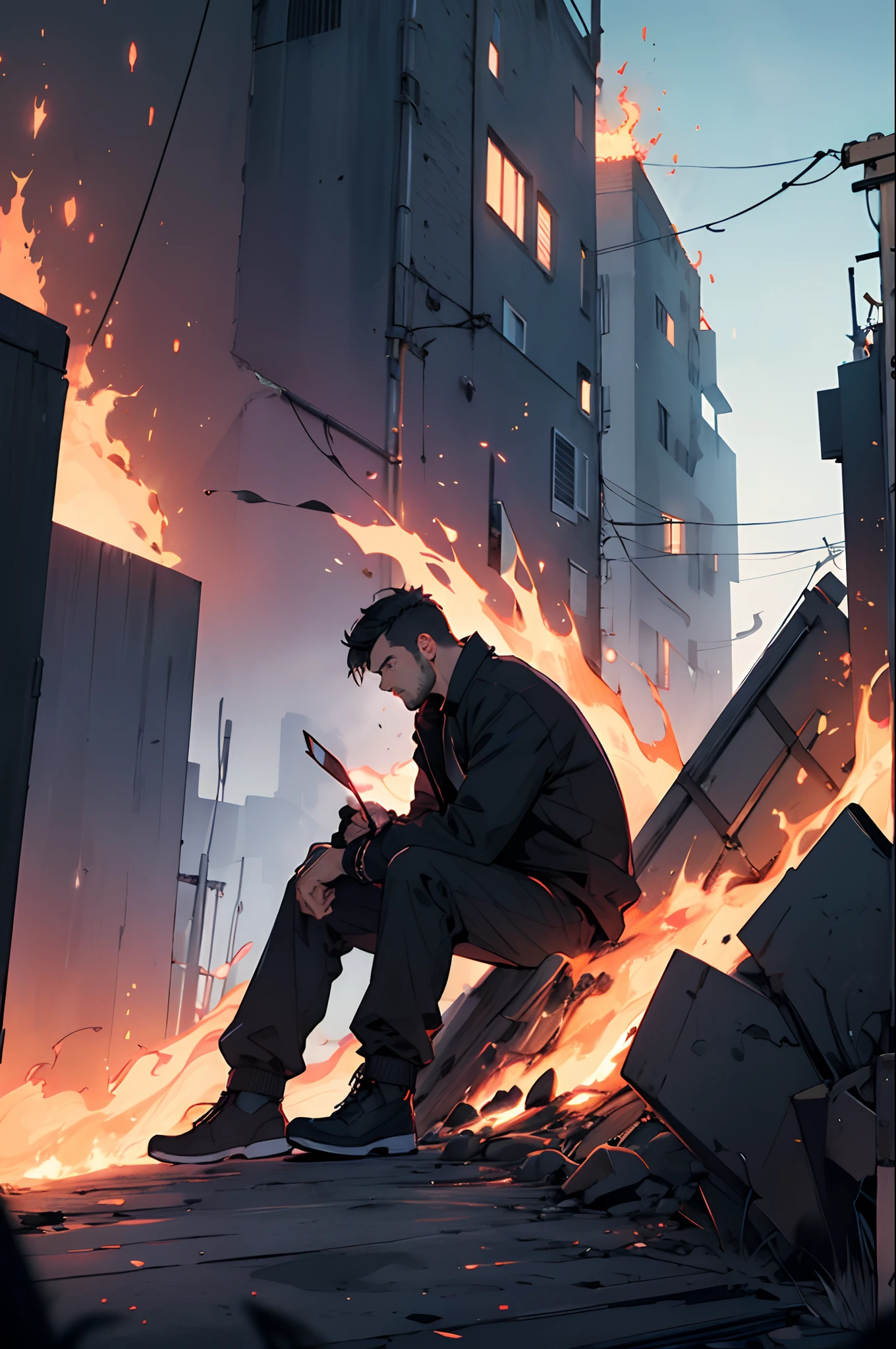 A man sitting alone looking down, the sky is red and black and fire is all around him