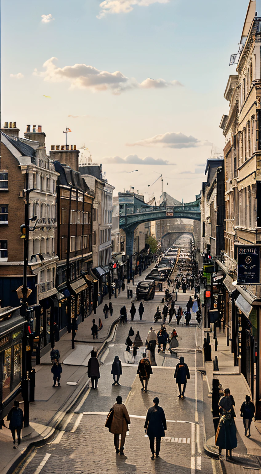 Scene from a busy London street in the nineteenth century. Estilo realista, pintura a olho, pessoas em primeiro plano