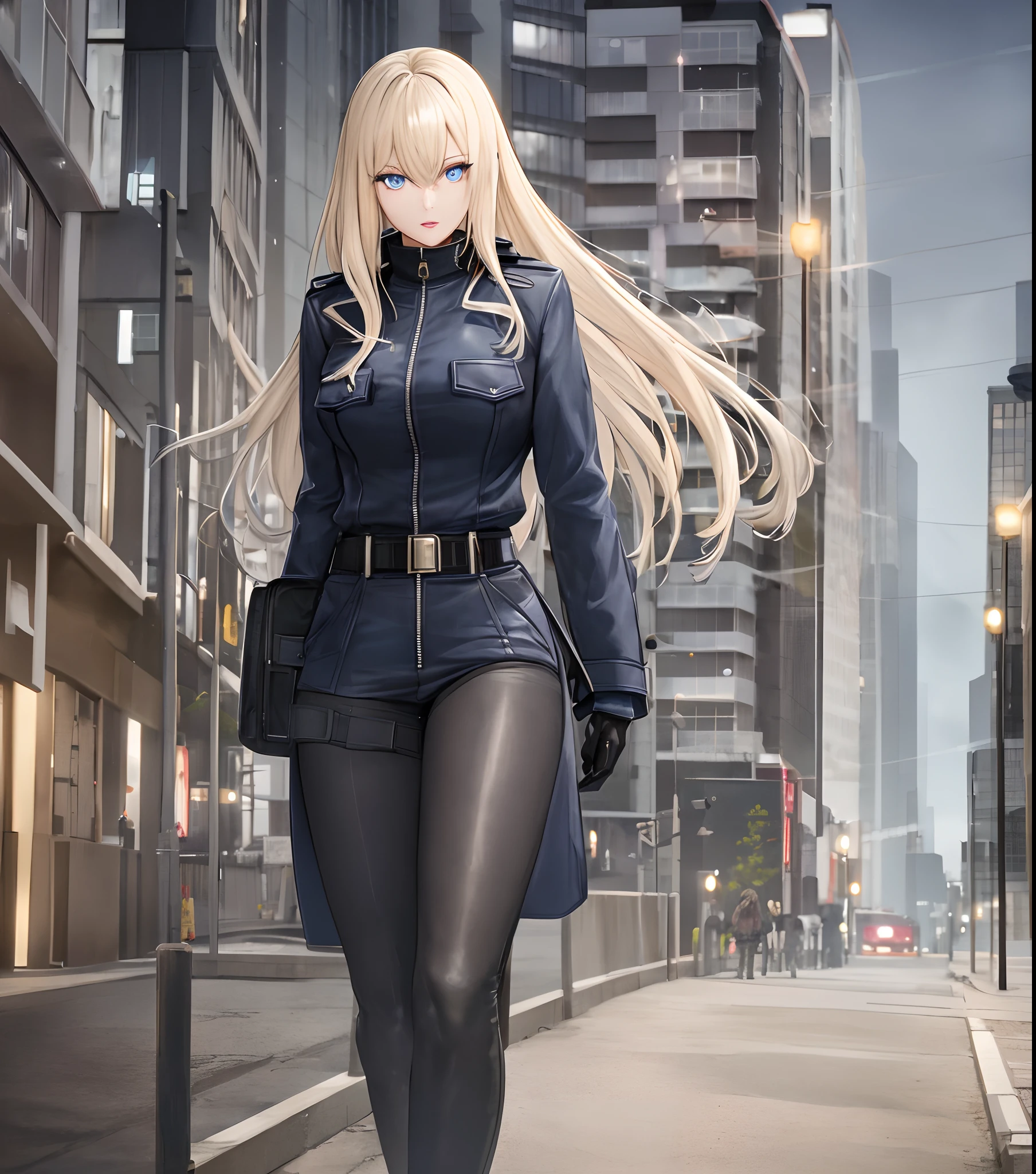 A woman is investigating a crime scene in Paradigm City, masterpiece, best quality, night, 1woman, long hair, blue eyes, blonde hair, arms behind back, solo, outdoors, coat, night, belt, building, city, parted lips, open clothes, bangs, open coat, black coat, breasts, navy blue jacket, glowing, looking at viewer, zipper, long sleeves, turtleneck, criminal investigation, scifi/1940s, Neo-Noire, diesel punk,