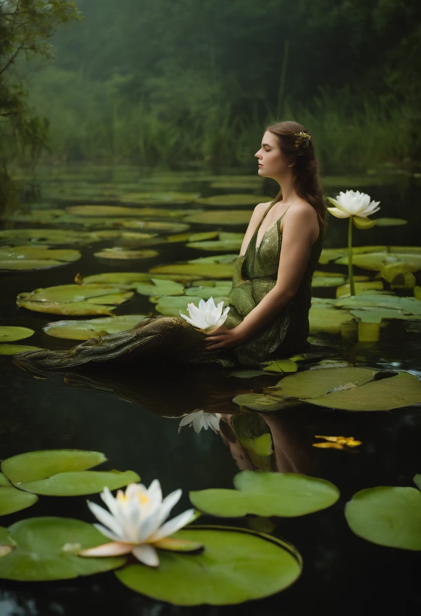 there is a woman standing in a garden with a white dress, amidst nature, nature goddess, inspired by William-Adolphe Bouguereau, in a tropical forest, in a jungle environment, lost in a dreamy fairy landscape, inspired by Konstantin Somov, standing gracefully upon a lotus, inspired by Jules Joseph Lefebvre, a stunning young ethereal figure