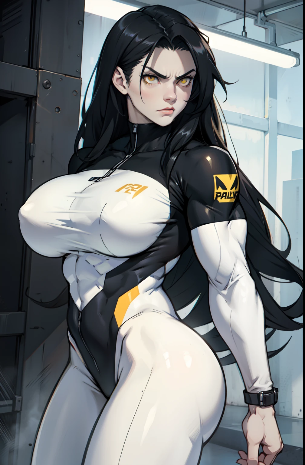 pale skin solo 1 girl black hair yellow eyes angry very long hair huge breasts bodybuilder skinsuit toned body muscular