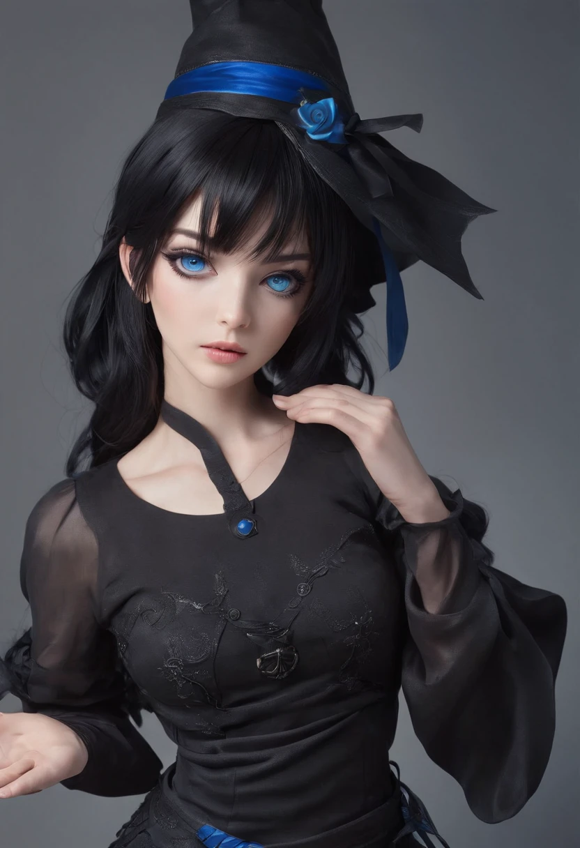 Anime girl with black hair and blue eyes in a black dress, black - haired mage, :14 80s anime style,evil sorcerer, anime style character, portrait knights of zodiac girl,, supervillain sorceress witch, anime in fantasy style