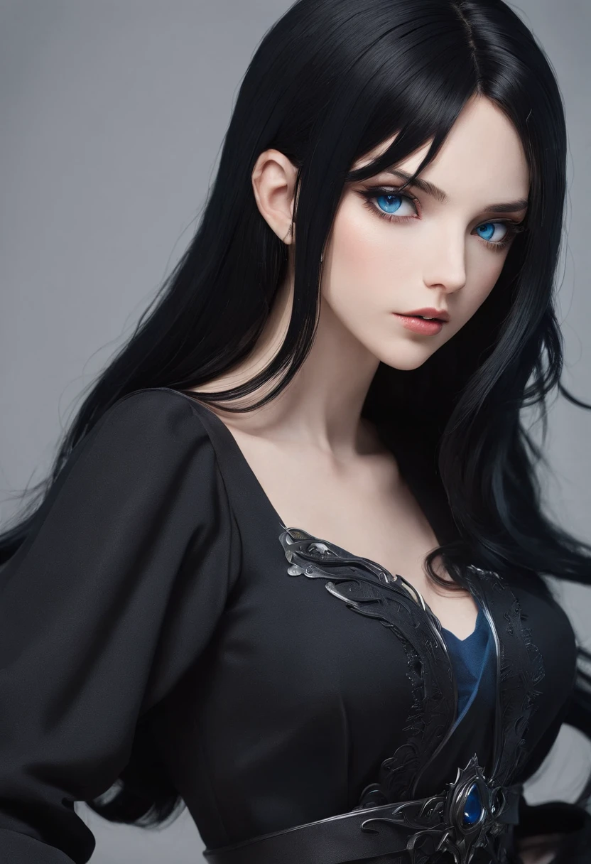 Anime girl with black hair and blue eyes in a black dress, Snake face,black - haired mage, :14 80s anime style, evil sorcerer, anime style character, supervillain sorceress witch, anime in fantasy style