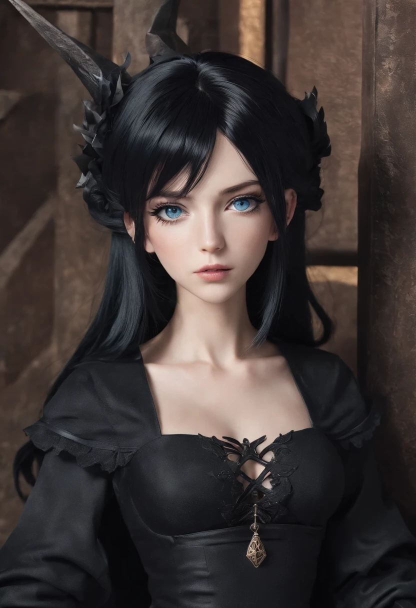 Anime girl with black hair and blue eyes in a black dress, black - haired mage, : 80s anime style,evil sorcerer, anime style character, portrait knights of zodiac girl,, supervillain sorceress witch, anime in fantasy style