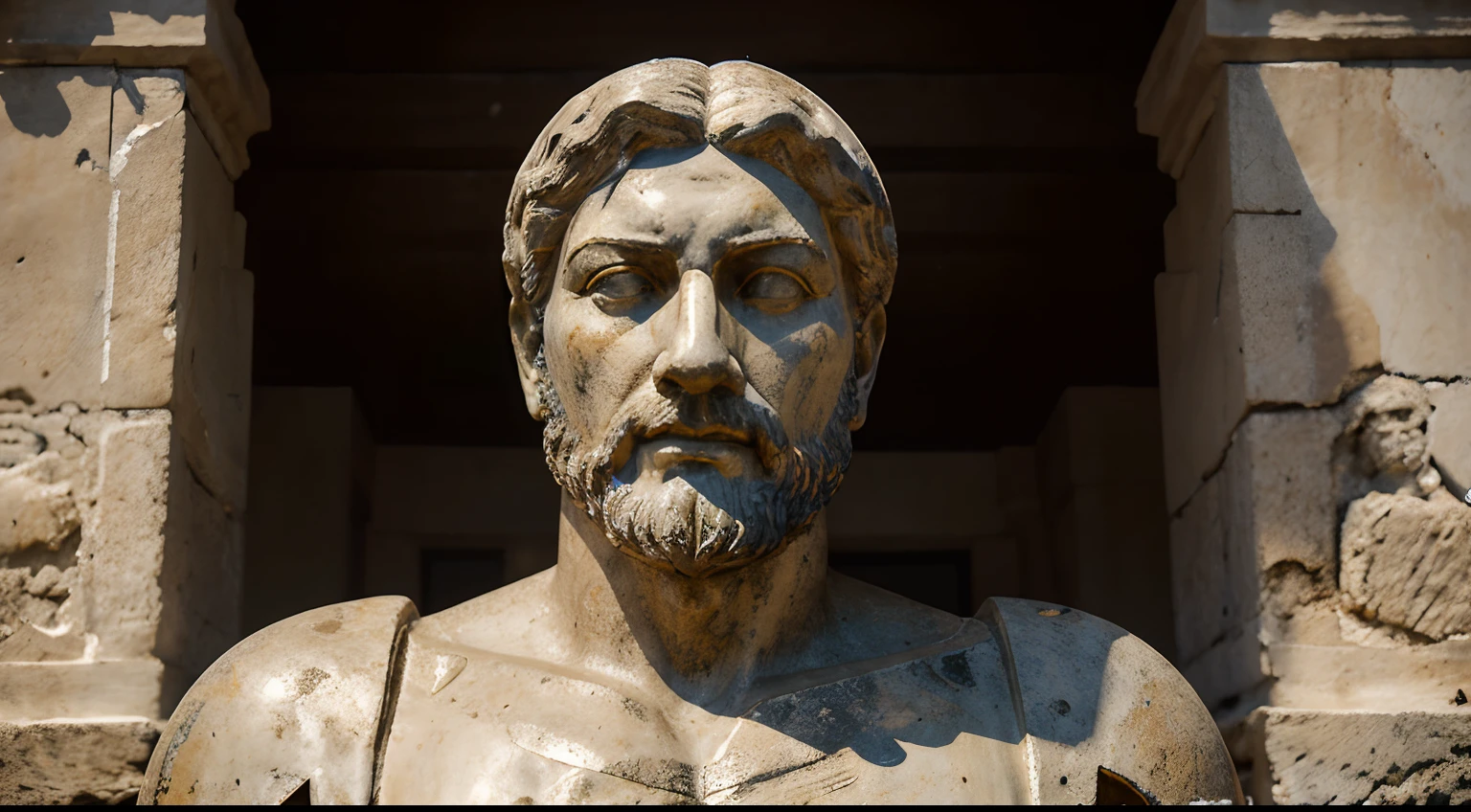 Ancient Stoic Statue With Very Angry Expression, tem barba, muitos detalhes em ambos os olhos, Outside, fundo atenas grego, open sky, com rosto extremamente detalhado full body view, Colors with low saturation with dark tone, Filmado em Sony A7S III com Sony FE 35mm f/1.8, 12.1 MP, --AR 3:2 --estilo cru