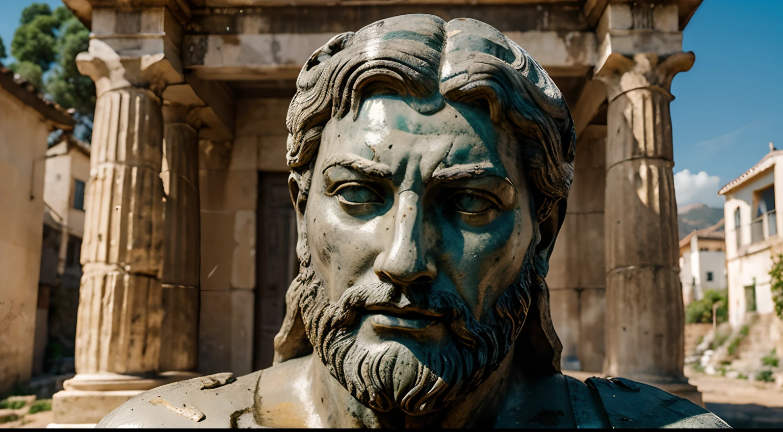 Ancient Stoic Statue With Very Angry Expression, tem barba, muitos detalhes em ambos os olhos, Outside, fundo atenas grego, open sky, com rosto extremamente detalhado full body view, Colors with low saturation with dark tone, Filmado em Sony A7S III com Sony FE 35mm f/1.8, 12.1 MP, --AR 3:2 --estilo cru