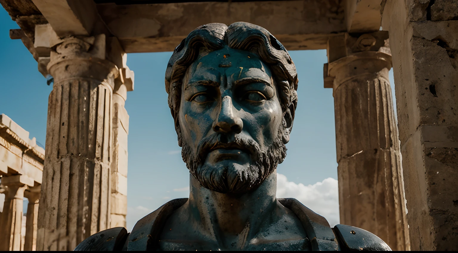 Ancient Stoic Statue With Very Angry Expression, tem barba, muitos detalhes em ambos os olhos, Outside, fundo atenas grego, open sky, com rosto extremamente detalhado full body view, Colors with low saturation with dark tone, Filmado em Sony A7S III com Sony FE 35mm f/1.8, 12.1 MP, --AR 3:2 --estilo cru
