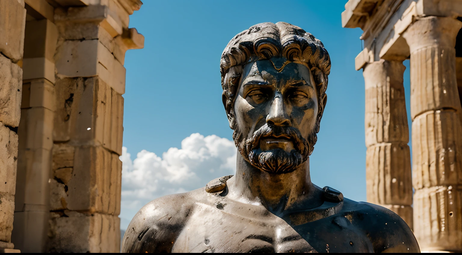 Ancient Stoic Statue With Very Angry Expression, tem barba, muitos detalhes em ambos os olhos, Outside, fundo atenas grego, open sky, com rosto extremamente detalhado full body view, Colors with low saturation with dark tone, Filmado em Sony A7S III com Sony FE 35mm f/1.8, 12.1 MP, --AR 3:2 --estilo cru
