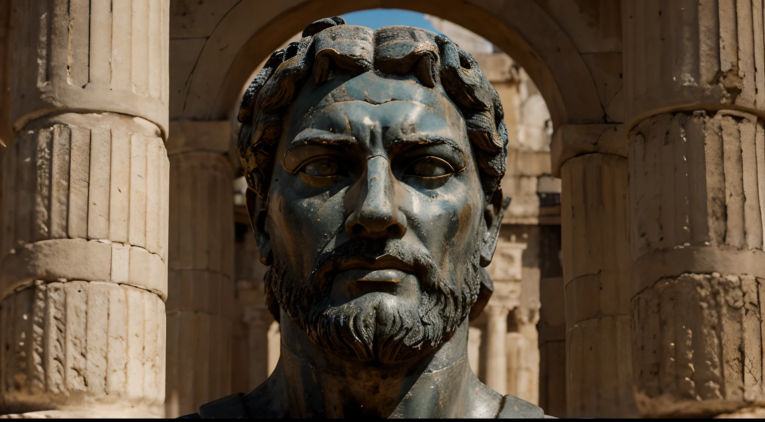 Ancient Stoic Statue With Very Angry Expression, tem barba, muitos detalhes em ambos os olhos, Outside, fundo atenas grego, open sky, com rosto extremamente detalhado full body view, Colors with low saturation with dark tone, Filmado em Sony A7S III com Sony FE 35mm f/1.8, 12.1 MP, --AR 3:2 --estilo cru