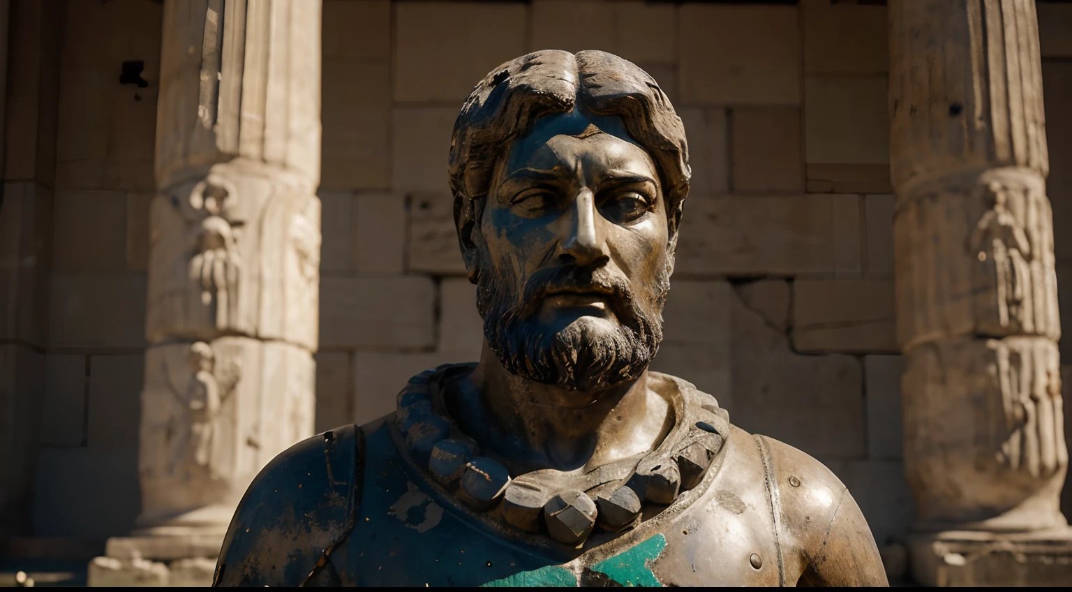 Ancient Stoic Statue With Very Angry Expression, tem barba, muitos detalhes em ambos os olhos, Outside, fundo atenas grego, open sky, com rosto extremamente detalhado full body view, Colors with low saturation with dark tone, Filmado em Sony A7S III com Sony FE 35mm f/1.8, 12.1 MP, --AR 3:2 --estilo cru