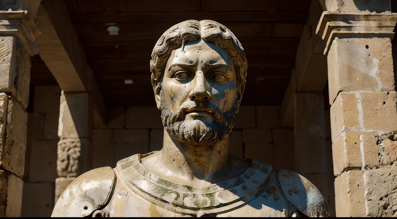 Ancient Stoic Statue With Very Angry Expression, tem barba, muitos detalhes em ambos os olhos, Outside, fundo atenas grego, open sky, com rosto extremamente detalhado full body view, Colors with low saturation with dark tone, Filmado em Sony A7S III com Sony FE 35mm f/1.8, 12.1 MP, --AR 3:2 --estilo cru