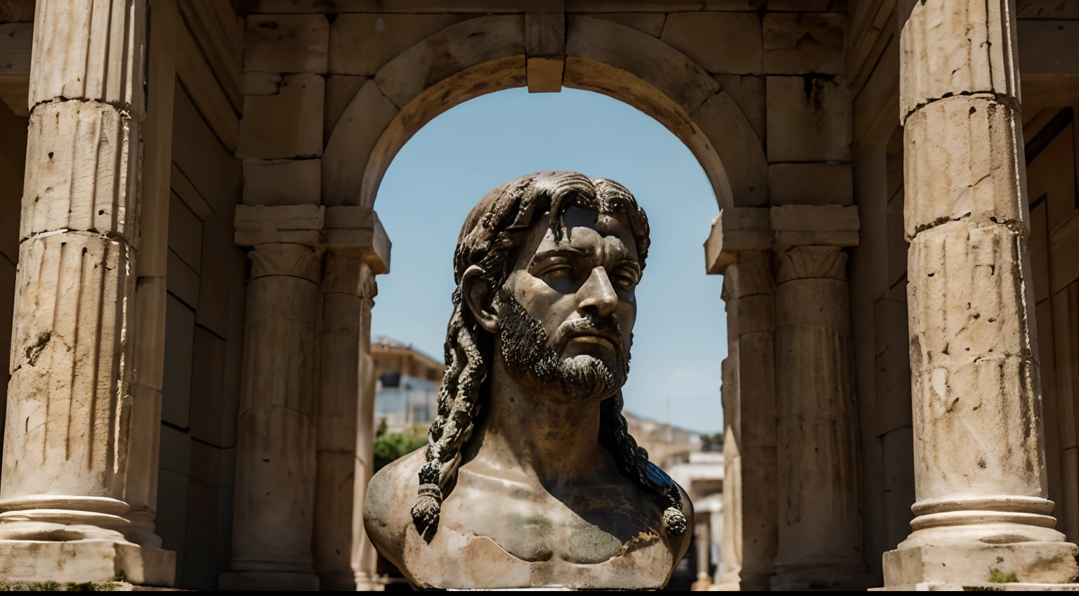 Ancient Stoic Statue With Very Angry Expression, tem barba, muitos detalhes em ambos os olhos, Outside, fundo atenas grego, open sky, com rosto extremamente detalhado full body view, Colors with low saturation with dark tone, Filmado em Sony A7S III com Sony FE 35mm f/1.8, 12.1 MP, --AR 3:2 --estilo cru