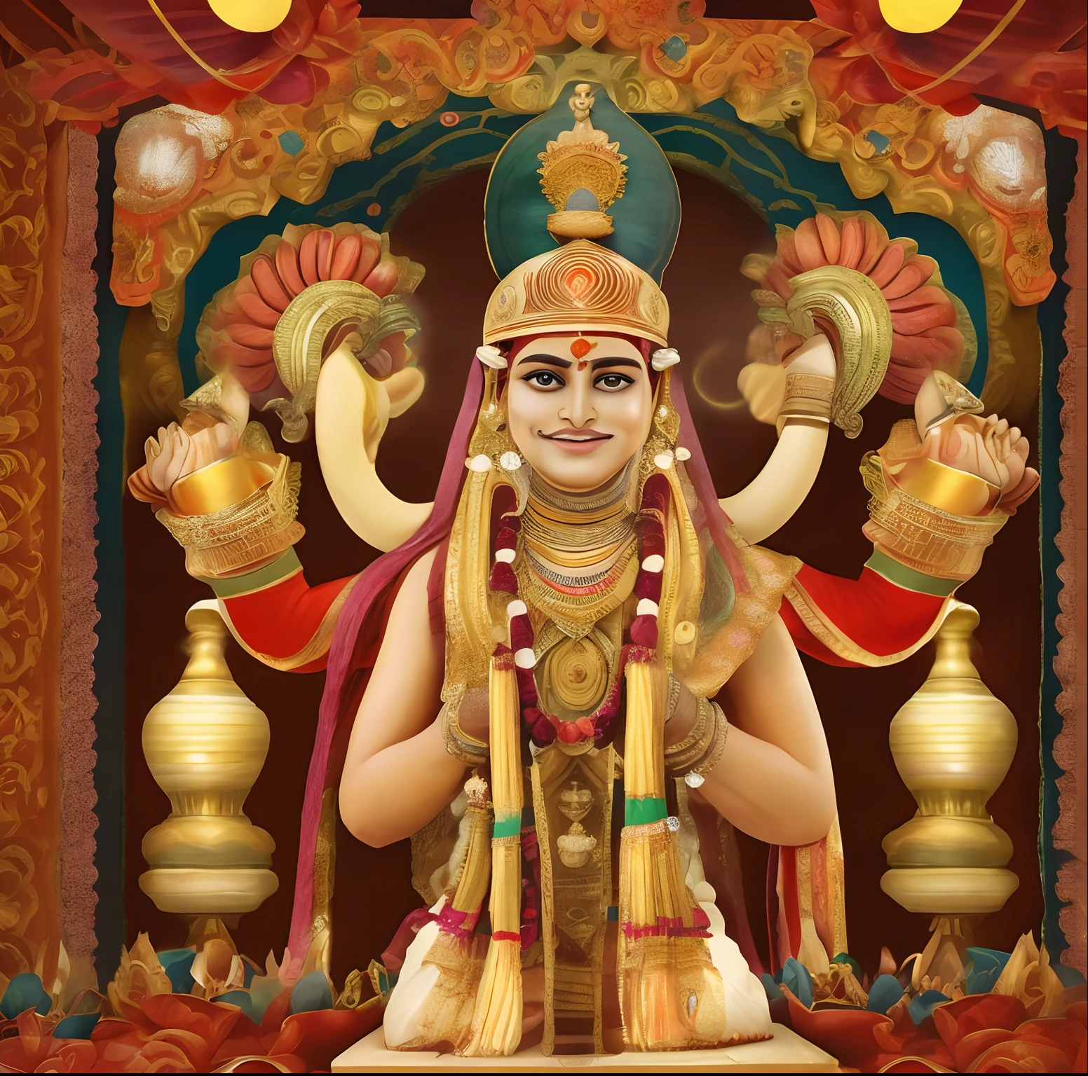 Create an enchanting image of Lord Vishwakarma Ji with his unique three eyes and four arms. In one hand, hold a sacred scripture, while in the other, a Commandant. Your elephant mount stands by your side.
Make the image of Vishwakarma Ji exquisitely detailed, highlighting the intricacies of his divine features. His three eyes gleam with wisdom and power, and his body radiates divine energy. His hands, adorned with intricate jewelry and markings, gracefully hold the scripture and the Commandant.
The background showcases a serene and ornate temple setting, filled with the warm, soft lighting of oil l