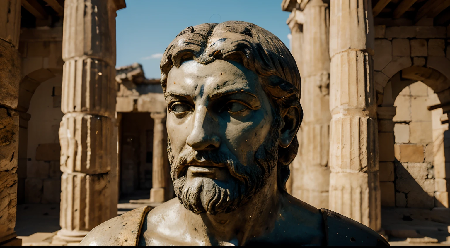 Ancient Stoic Statue With Very Angry Expression, tem barba, muitos detalhes em ambos os olhos, Outside, fundo atenas grego, open sky, com rosto extremamente detalhado full body view, Colors with low saturation with dark tone, Filmado em Sony A7S III com Sony FE 35mm f/1.8, 12.1 MP, --AR 3:2 --estilo cru