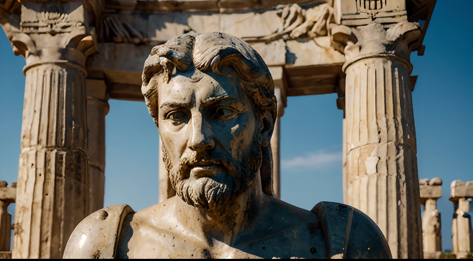 Ancient Stoic Statue With Very Angry Expression, tem barba, muitos detalhes em ambos os olhos, Outside, fundo atenas grego, open sky, com rosto extremamente detalhado full body view, Colors with low saturation with dark tone, Filmado em Sony A7S III com Sony FE 35mm f/1.8, 12.1 MP, --AR 3:2 --estilo cru