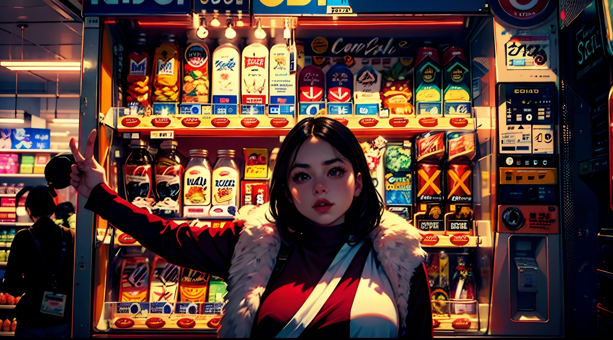 araffe vending machine with a seductive woman standing in front of it, lofi girl, stood in a supermarket, in a mall, super vibrant cyberpunk, lofi girl aesthetic, convenience store, soda themed girl, smooth in _ the background, semi-realism, at a mall, (((low light))), nsfw
