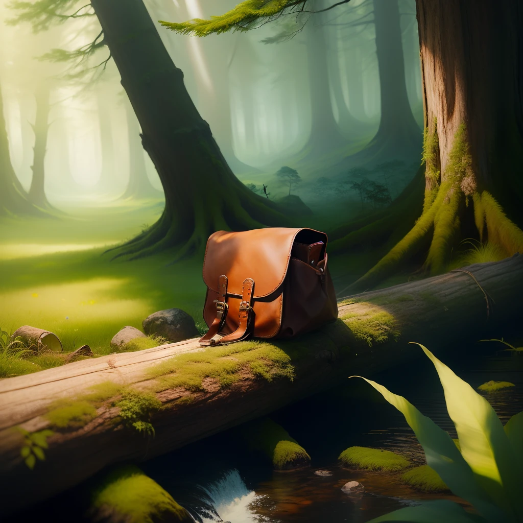 A small bag on a log in the middle of a magical forest