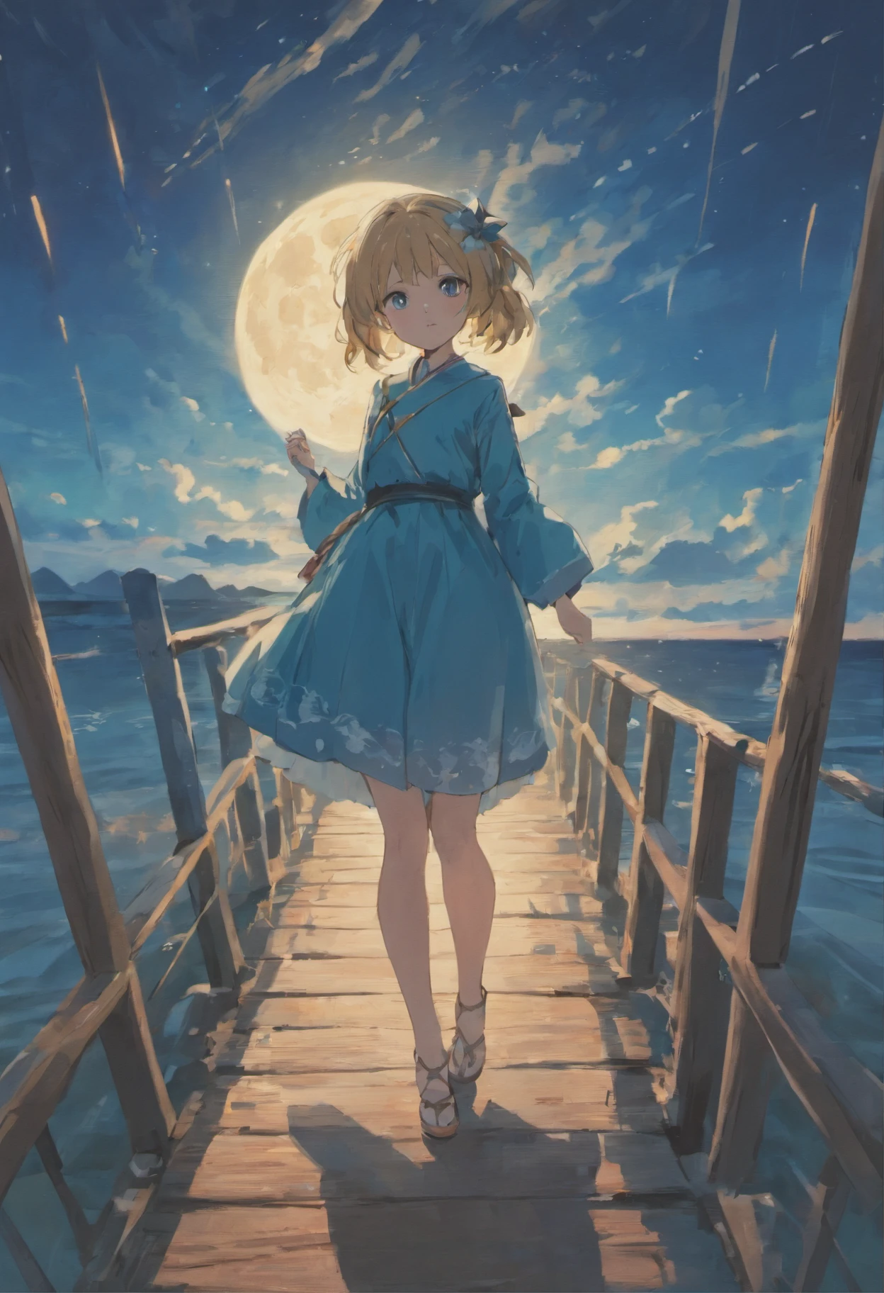 A woman in a blue dress standing on a pier with a full moon in the ...