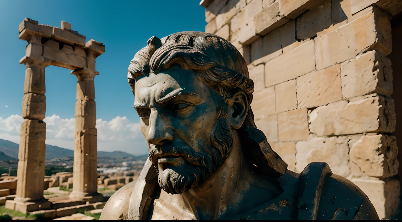 Ancient Stoic Statue With Very Angry Expression, tem barba, muitos detalhes em ambos os olhos, Outside, fundo atenas grego, open sky, com rosto extremamente detalhado full body view, Colors with low saturation with dark tone, Filmado em Sony A7S III com Sony FE 35mm f/1.8, 12.1 MP, --AR 3:2 --estilo cru