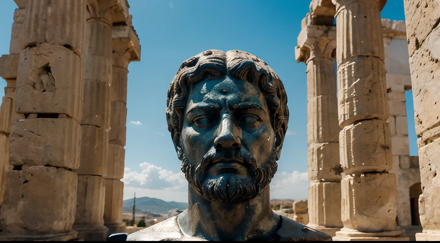 Ancient Stoic Statue With Very Angry Expression, tem barba, muitos detalhes em ambos os olhos, Outside, fundo atenas grego, open sky, com rosto extremamente detalhado full body view, Colors with low saturation with dark tone, Filmado em Sony A7S III com Sony FE 35mm f/1.8, 12.1 MP, --AR 3:2 --estilo cru