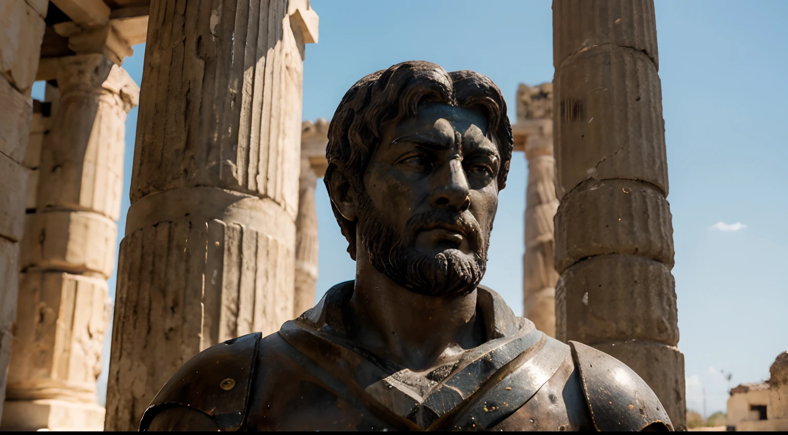 Ancient Stoic Statue With Very Angry Expression, tem barba, muitos detalhes em ambos os olhos, Outside, fundo atenas grego, open sky, com rosto extremamente detalhado full body view, Colors with low saturation with dark tone, Filmado em Sony A7S III com Sony FE 35mm f/1.8, 12.1 MP, --AR 3:2 --estilo cru