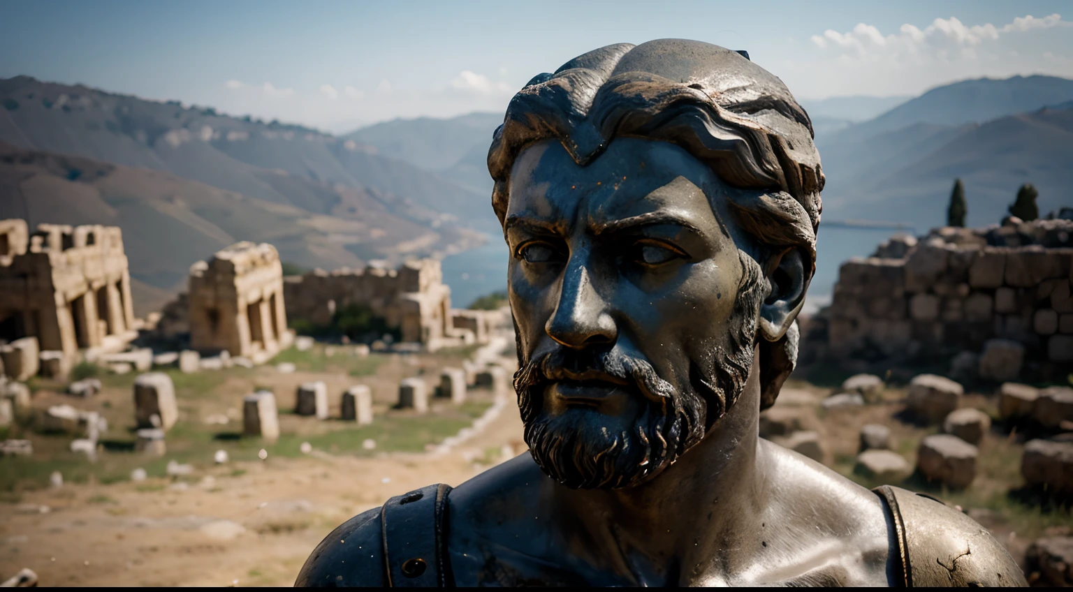 Ancient Stoic Statue With Very Angry Expression, tem barba, muitos detalhes em ambos os olhos, Outside, fundo atenas grego, open sky, com rosto extremamente detalhado full body view, Colors with low saturation with dark tone, Filmado em Sony A7S III com Sony FE 35mm f/1.8, 12.1 MP, --AR 3:2 --estilo cru