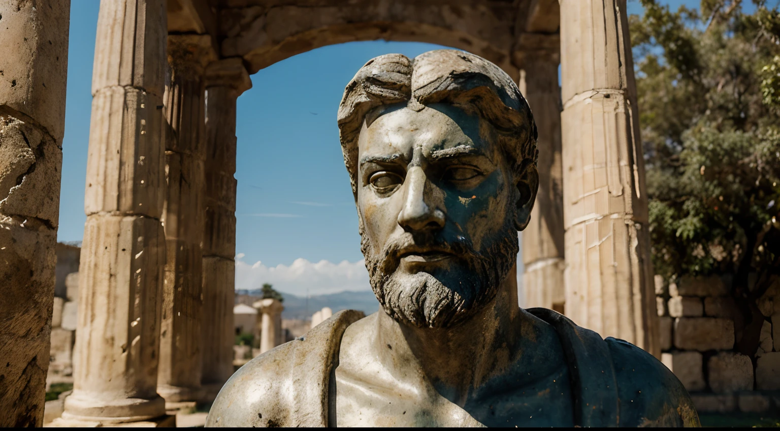 Ancient Stoic Statue With Very Angry Expression, tem barba, muitos detalhes em ambos os olhos, Outside, fundo atenas grego, open sky, com rosto extremamente detalhado full body view, Colors with low saturation with dark tone, Filmado em Sony A7S III com Sony FE 35mm f/1.8, 12.1 MP, --AR 3:2 --estilo cru