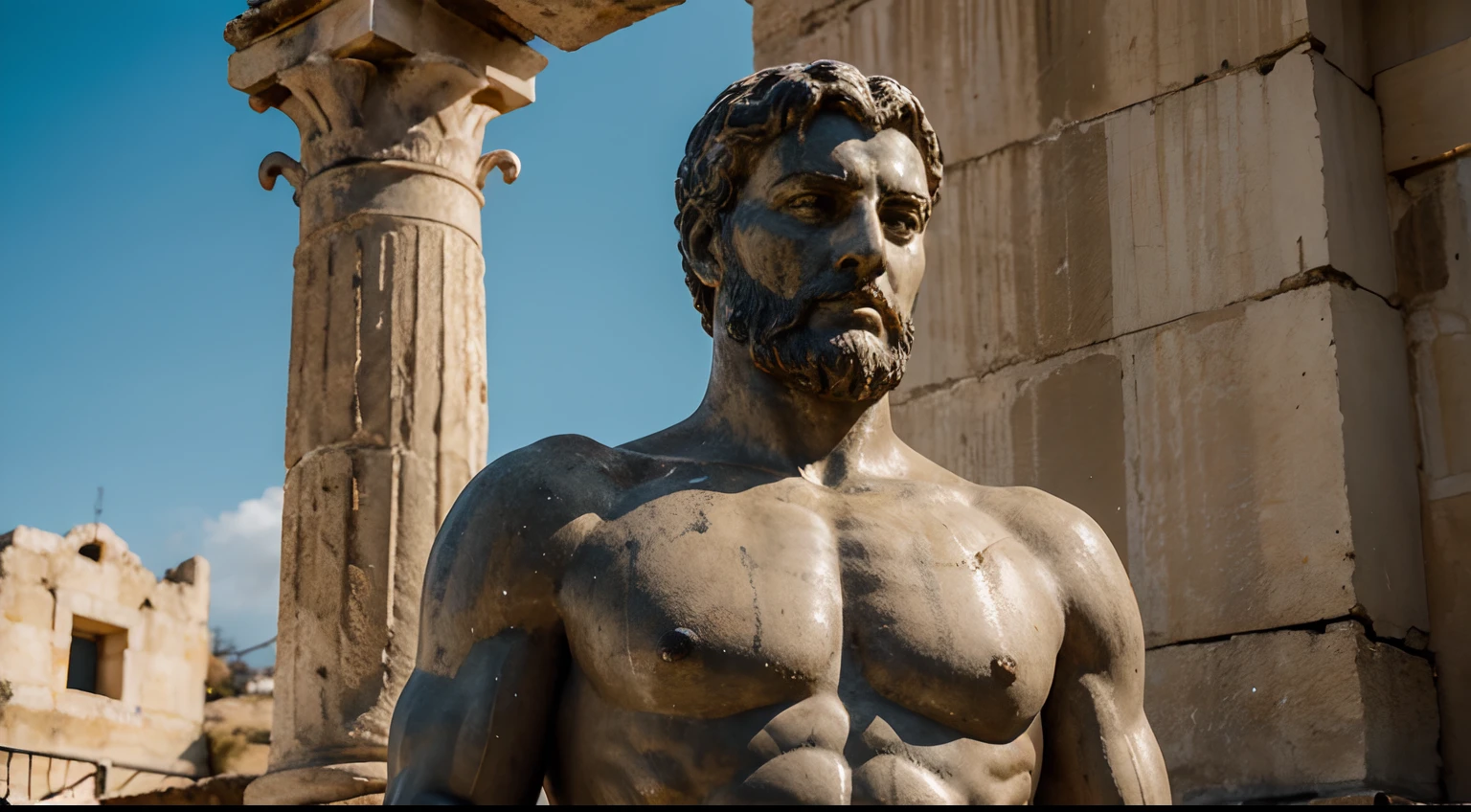 Ancient Stoic Statue With Very Angry Expression, tem barba, muitos detalhes em ambos os olhos, Outside, fundo atenas grego, open sky, com rosto extremamente detalhado full body view, Colors with low saturation with dark tone, Filmado em Sony A7S III com Sony FE 35mm f/1.8, 12.1 MP, --AR 3:2 --estilo cru