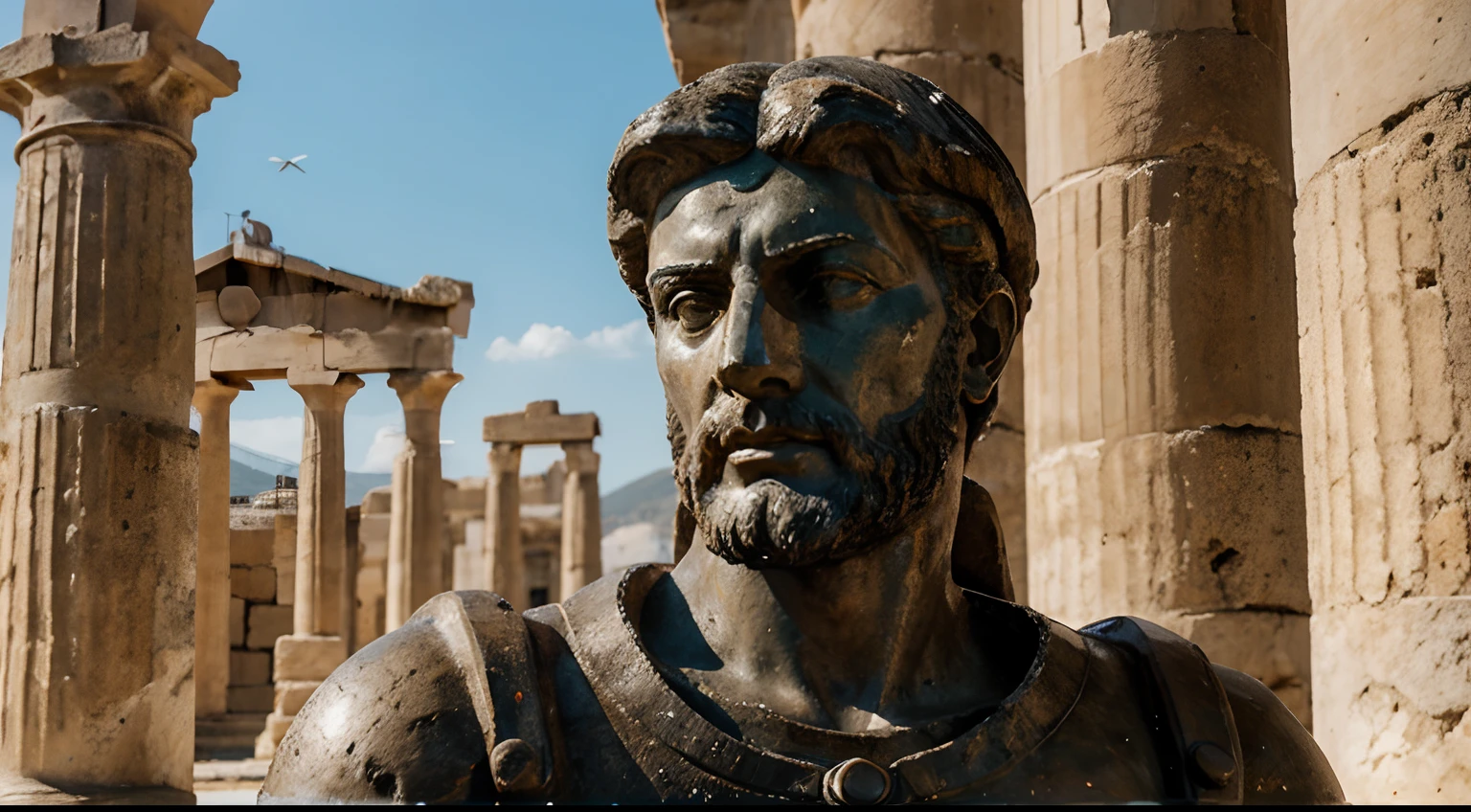 Ancient Stoic Statue With Very Angry Expression, tem barba, muitos detalhes em ambos os olhos, Outside, fundo atenas grego, open sky, com rosto extremamente detalhado full body view, Colors with low saturation with dark tone, Filmado em Sony A7S III com Sony FE 35mm f/1.8, 12.1 MP, --AR 3:2 --estilo cru