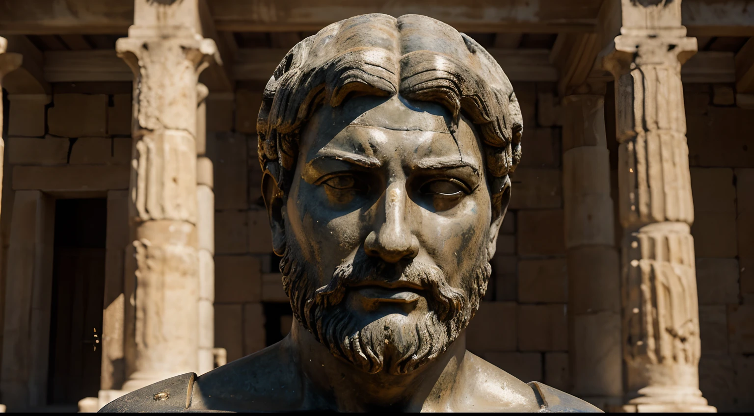 Ancient Stoic Statue With Very Angry Expression, tem barba, muitos detalhes em ambos os olhos, Outside, fundo atenas grego, open sky, com rosto extremamente detalhado full body view, Colors with low saturation with dark tone, Filmado em Sony A7S III com Sony FE 35mm f/1.8, 12.1 MP, --AR 3:2 --estilo cru