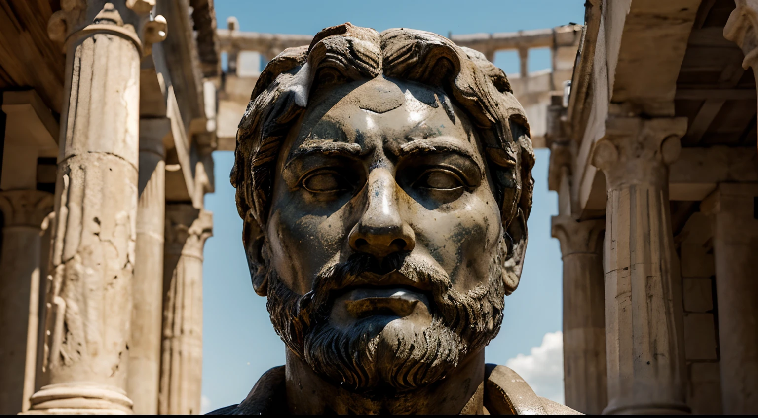 Ancient Stoic Statue With Very Angry Expression, tem barba, muitos detalhes em ambos os olhos, Outside, fundo atenas grego, open sky, com rosto extremamente detalhado full body view, Colors with low saturation with dark tone, Filmado em Sony A7S III com Sony FE 35mm f/1.8, 12.1 MP, --AR 3:2 --estilo cru