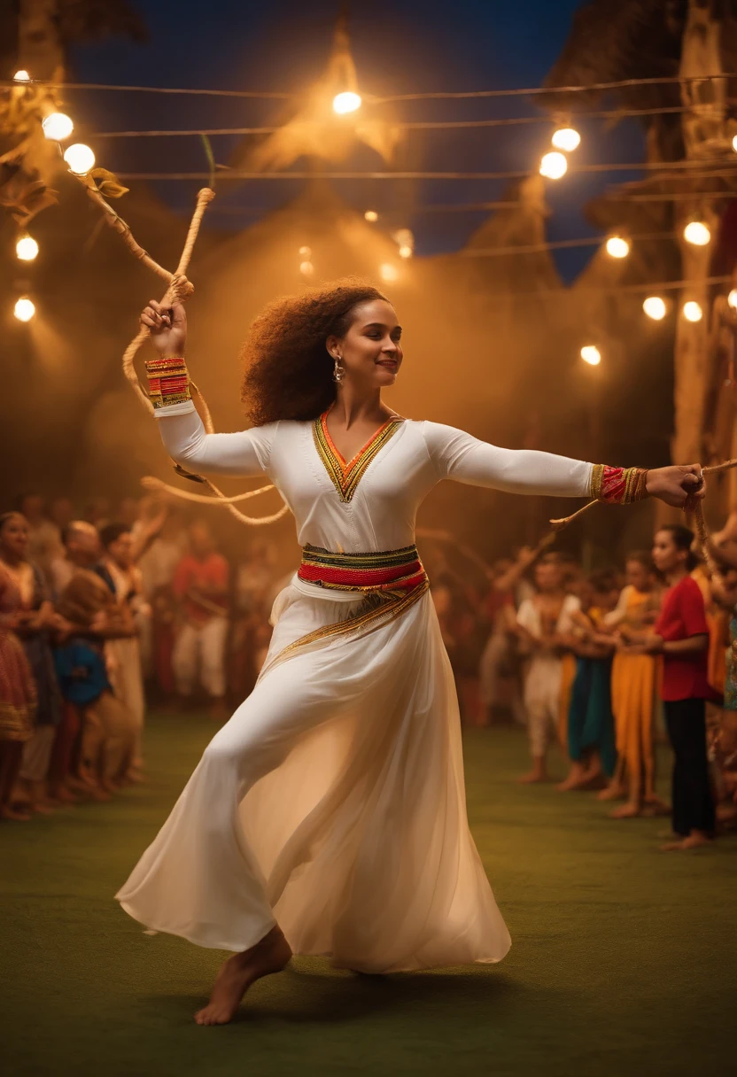 (best quality, 8k, highres, masterpiece:1.2), vibrant and colorful, lively atmosphere, children and adults, a lively roda de capoeira, dynamic movements, detailed facial expressions, detailed body movements, cheerful and energetic participants, capoeira instruments, traditional berimbau, loud and rhythmic music, acrobatic kicks and flips, colorful costumes, playful and imaginative setting, a whimsical and fantastical location, magical ambiance, soft and diffused lighting, vibrant and diverse group, joyful and inclusive, a celebration of culture and community, excitement and energy in the air, dynamic and engaging composition.