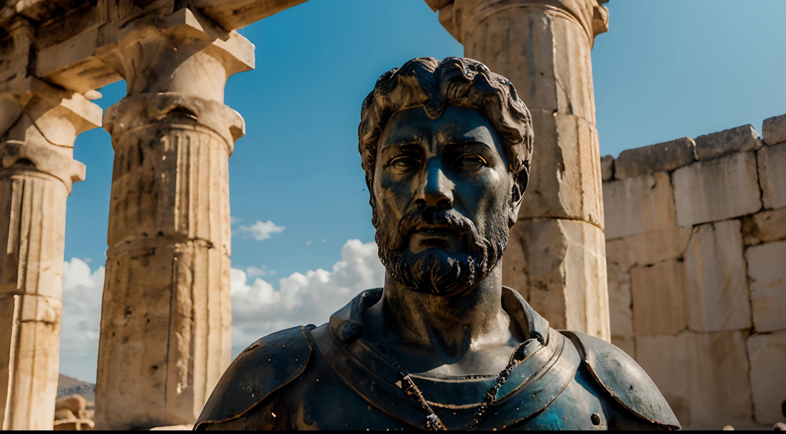 Ancient Stoic Statue With Very Angry Expression, tem barba, muitos detalhes em ambos os olhos, Outside, fundo atenas grego, open sky, com rosto extremamente detalhado full body view, Colors with low saturation with dark tone, Filmado em Sony A7S III com Sony FE 35mm f/1.8, 12.1 MP, --AR 3:2 --estilo cru