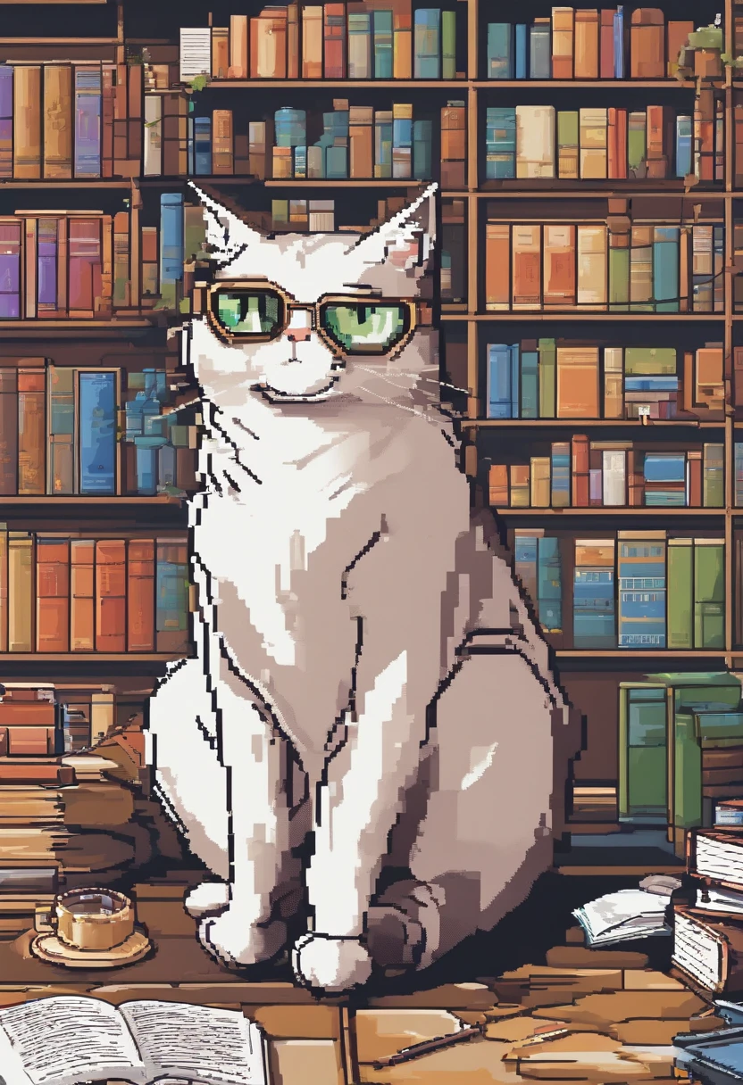 Obra-prima, alta qualidade, melhor qualidade, bonito, HD, perfect  lighting, imponente, doutor,, filosofia, Philosopher cat, inteligente, lindo, felino ((gato de pele preta e branca brilhante)), terno, (Round Eyewear), ler livro, coffee shop, c4ttitud
