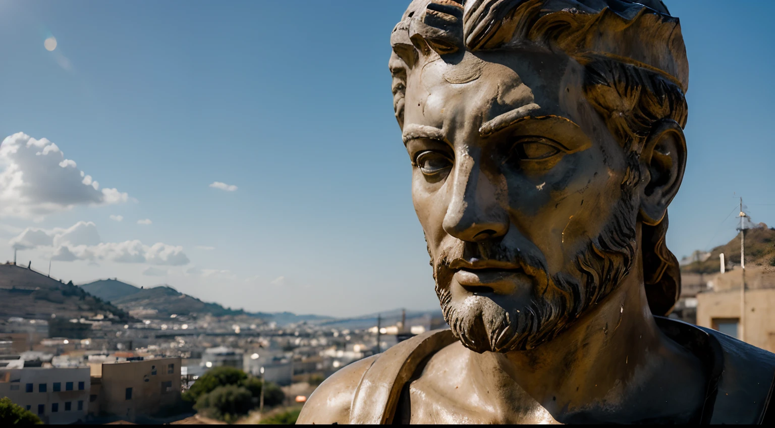 Ancient Stoic Statue With Very Angry Expression, tem barba, muitos detalhes em ambos os olhos, Outside, fundo atenas grego, open sky, com rosto extremamente detalhado full body view, Colors with low saturation with dark tone, Filmado em Sony A7S III com Sony FE 35mm f/1.8, 12.1 MP, --AR 3:2 --estilo cru