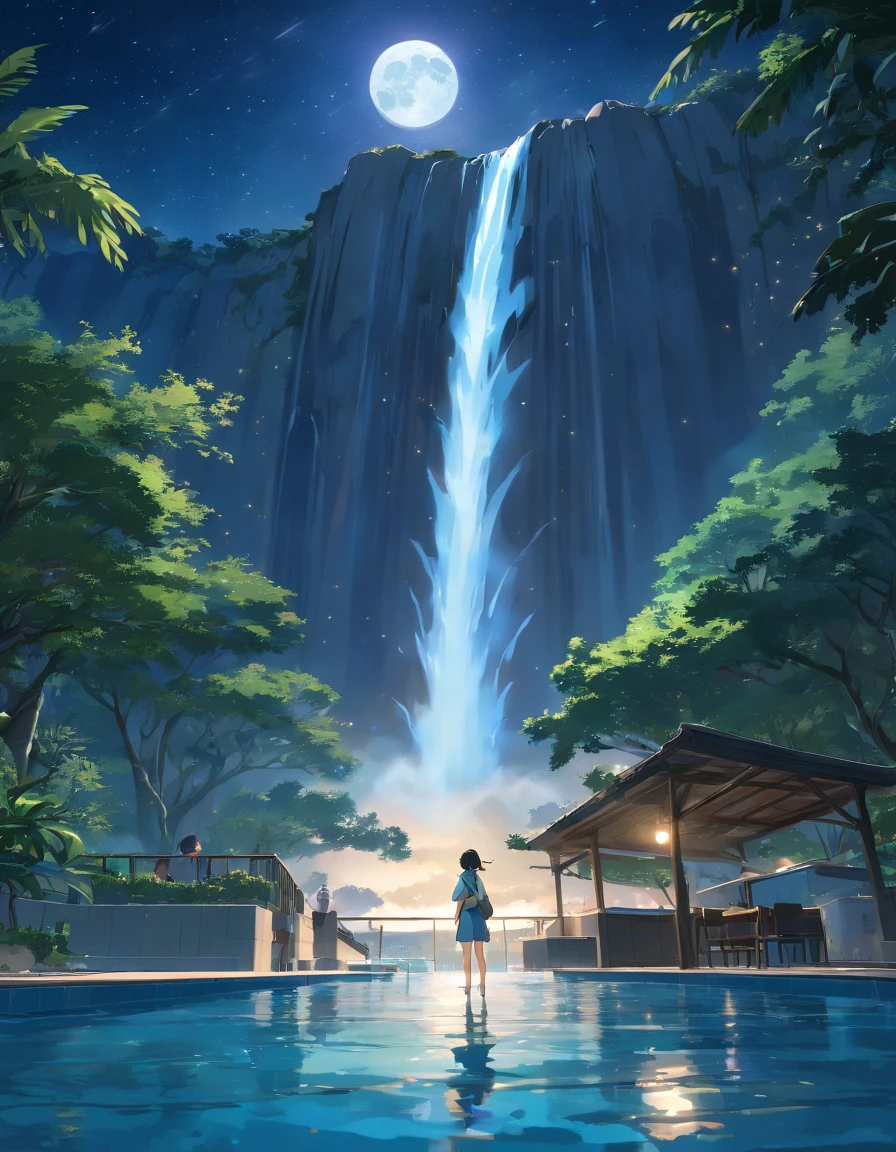 National Geographic style picture, Award winning,(best detailed: 1.5) epic sized waterfall in the desert at night, an (epic sized waterfall: 1.3), water coming down from a desert cliff, water cascading into a large pool that, (moon and stars reflected in the pool: 1.4), you can see the water hitting the pool, drops of water splashing around, desert cliffs background, a sense of restful predator, photorealistic, 16k, RAW, award winning, (best detailed: 1.5), masterpiece, best quality, (best detailed: 1.3), ultra wide shot,