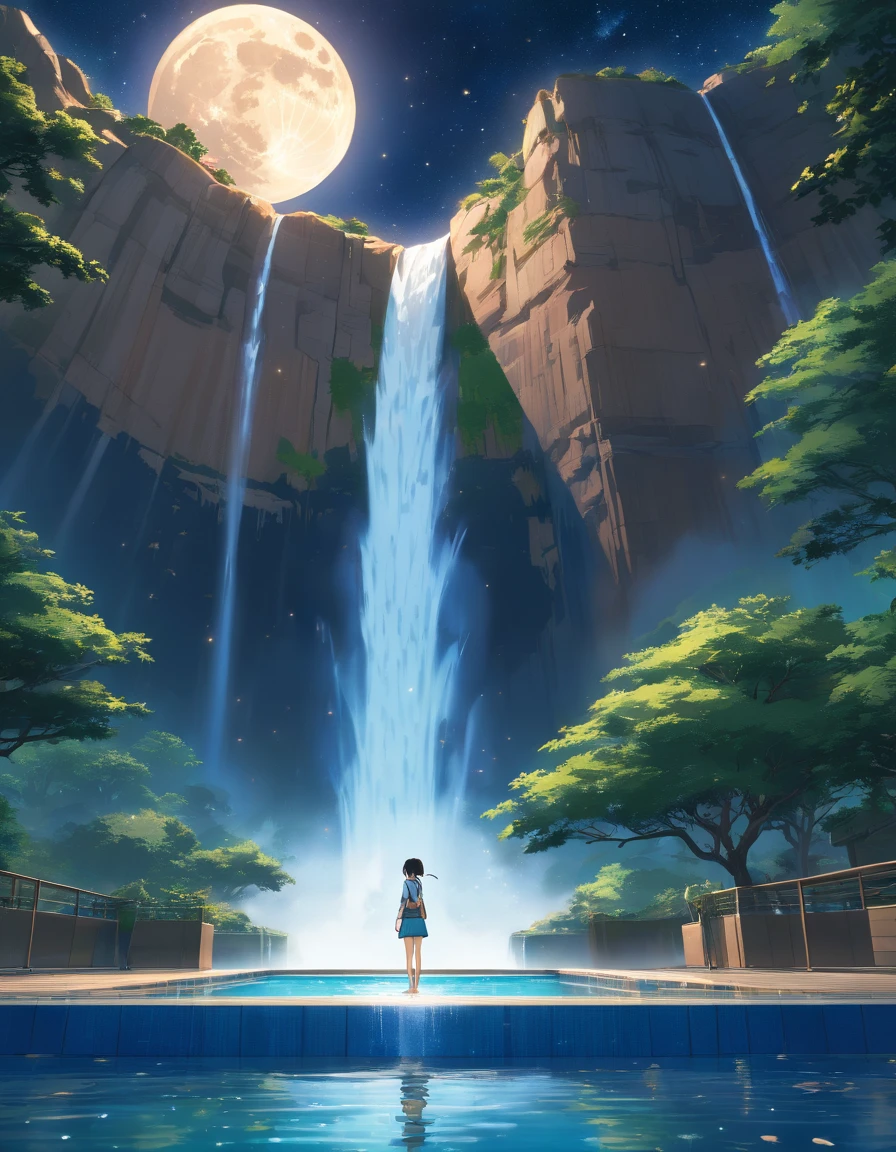 National Geographic style picture, Award winning,(best detailed: 1.5) epic sized waterfall in the desert at night, an (epic sized waterfall: 1.3), water coming down from a desert cliff, water cascading into a large pool that, (moon and stars reflected in the pool: 1.4), you can see the water hitting the pool, drops of water splashing around, desert cliffs background, a sense of restful predator, photorealistic, 16k, RAW, award winning, (best detailed: 1.5), masterpiece, best quality, (best detailed: 1.3), ultra wide shot,