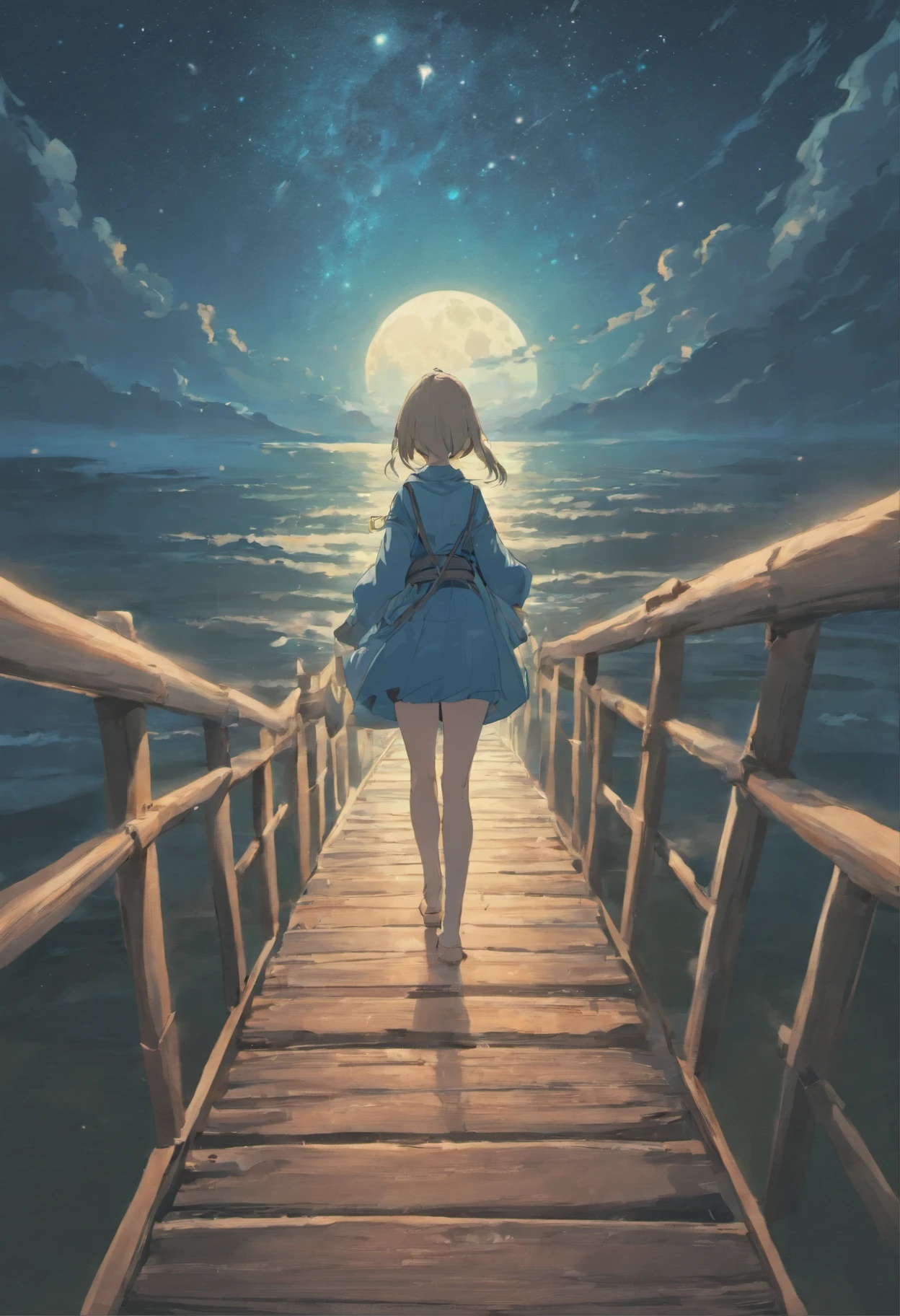 On the sea is a wooden bridge over the sea,nigh sky,Themoon,Lanternas chinesas