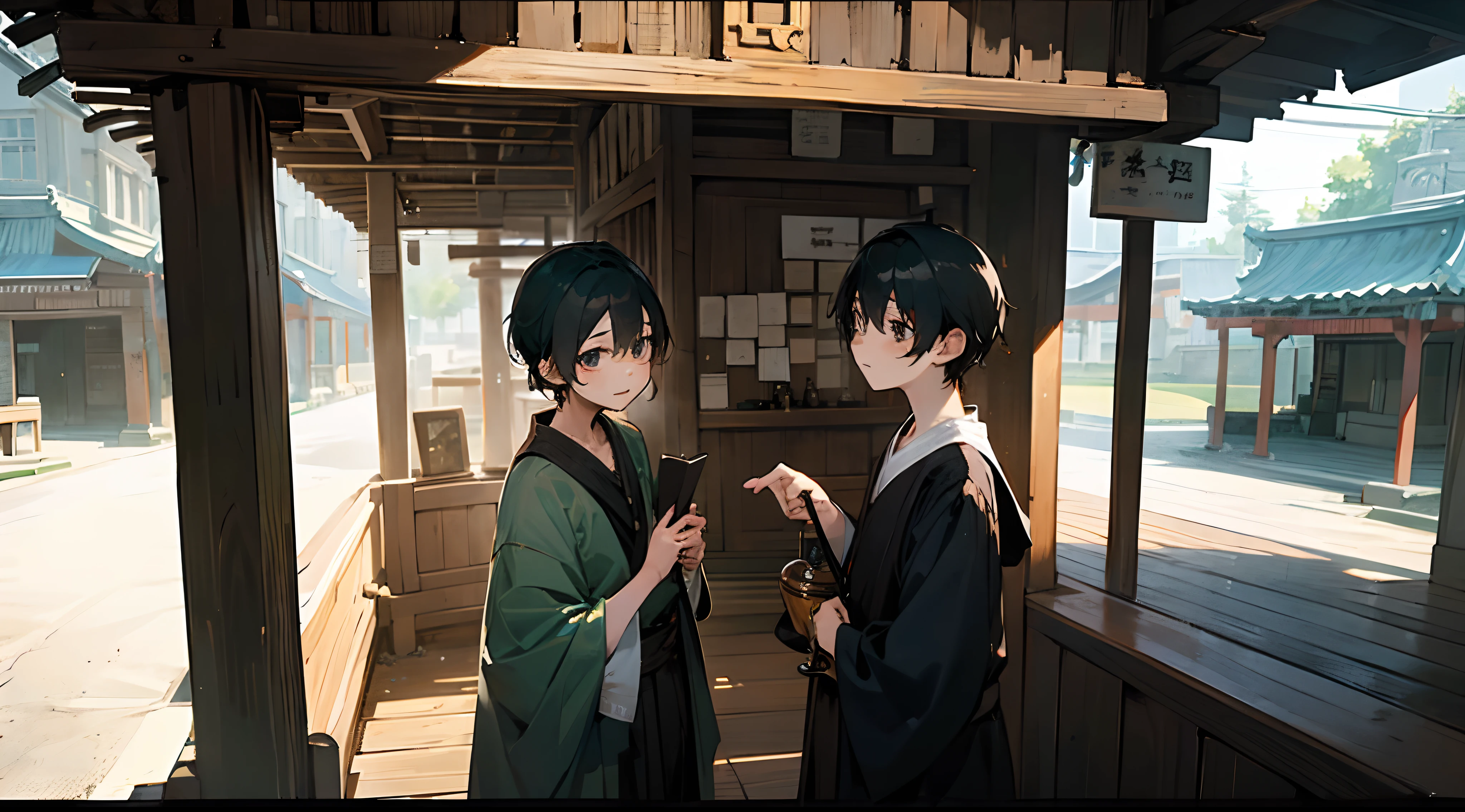 Boys set up stalls,The stalls were full of potions,There were onlookers around。