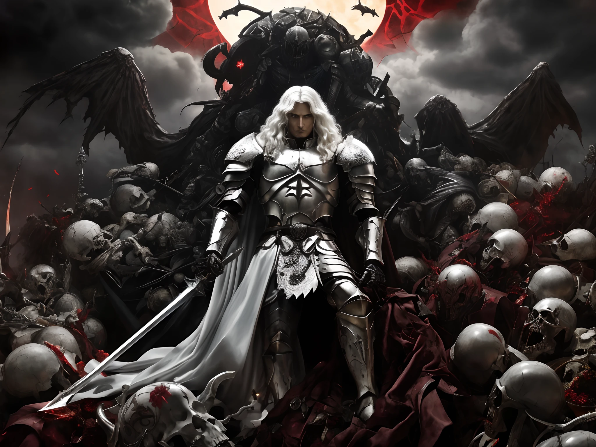 Image of a woman in armor standing in front of a pile of skulls, Alucard, gothic knight, Adrian Smith Arte de fantasia, arte de fantasia sombria, Castlevania, Berserk Skullknight Armadura Negra, Deus masculino bonito da morte, Griffith, Berserk, cavaleiro do mal, fundo do anime claymore, arte de estilo fantasia escura, no estilo da arte da fantasia sombria