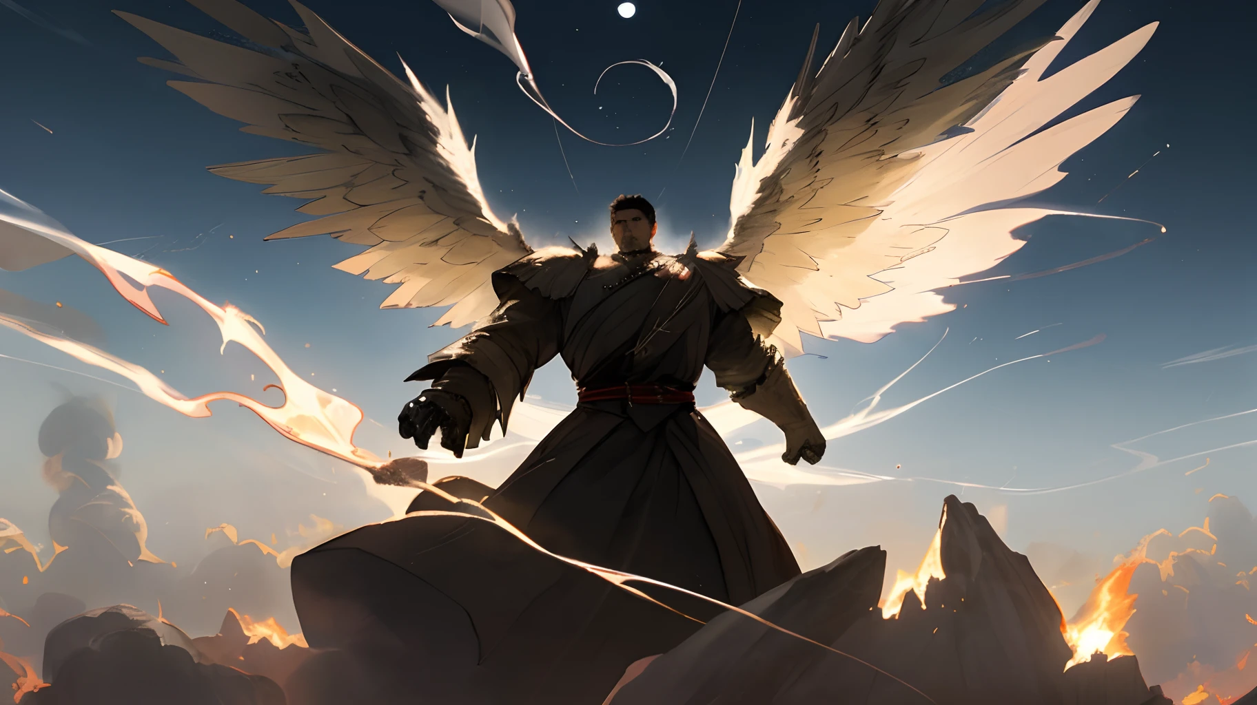 The sky is black, the moon is cracked and shattered, a thick smoke fills the air, a man with large arm-like wings soars, and the earth below is burning