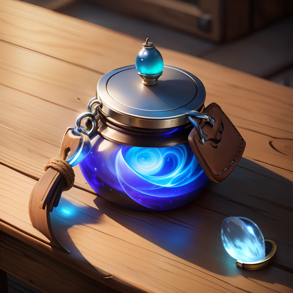 A small pouch that has magic swirling around it on a table in the middle of a tavern