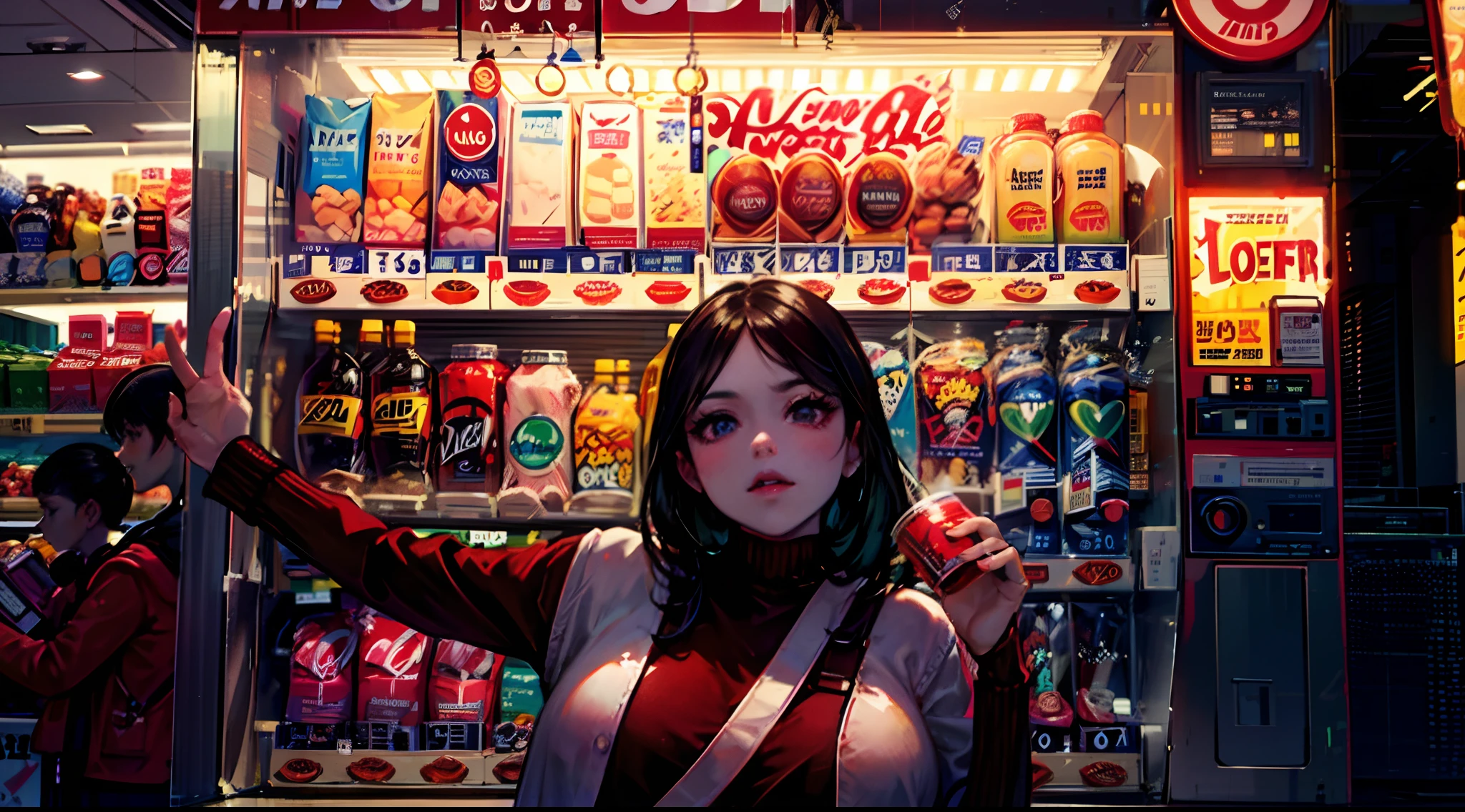 araffe vending machine with a seductive woman standing in front of it, lofi girl, stood in a supermarket, in a mall, super vibrant cyberpunk, lofi girl aesthetic, convenience store, soda themed girl, smooth in _ the background, semi-realism, at a mall, (((low light))), nsfw