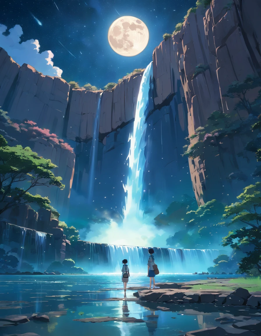 National Geographic style picture, Award winning,(best detailed: 1.5), epic sized waterfall in the desert at night, an (epic sized waterfall: 1.3), water coming down from a desert cliff, water cascading into a large lake that, (moon and stars reflected in the lake: 1.4), you can see the water hitting the pool, drops of water splashing around, desert cliffs background, photorealistic, 16k, RAW, award winning, (best detailed: 1.5), masterpiece, best quality, (best detailed: 1.3), ultra wide shot.