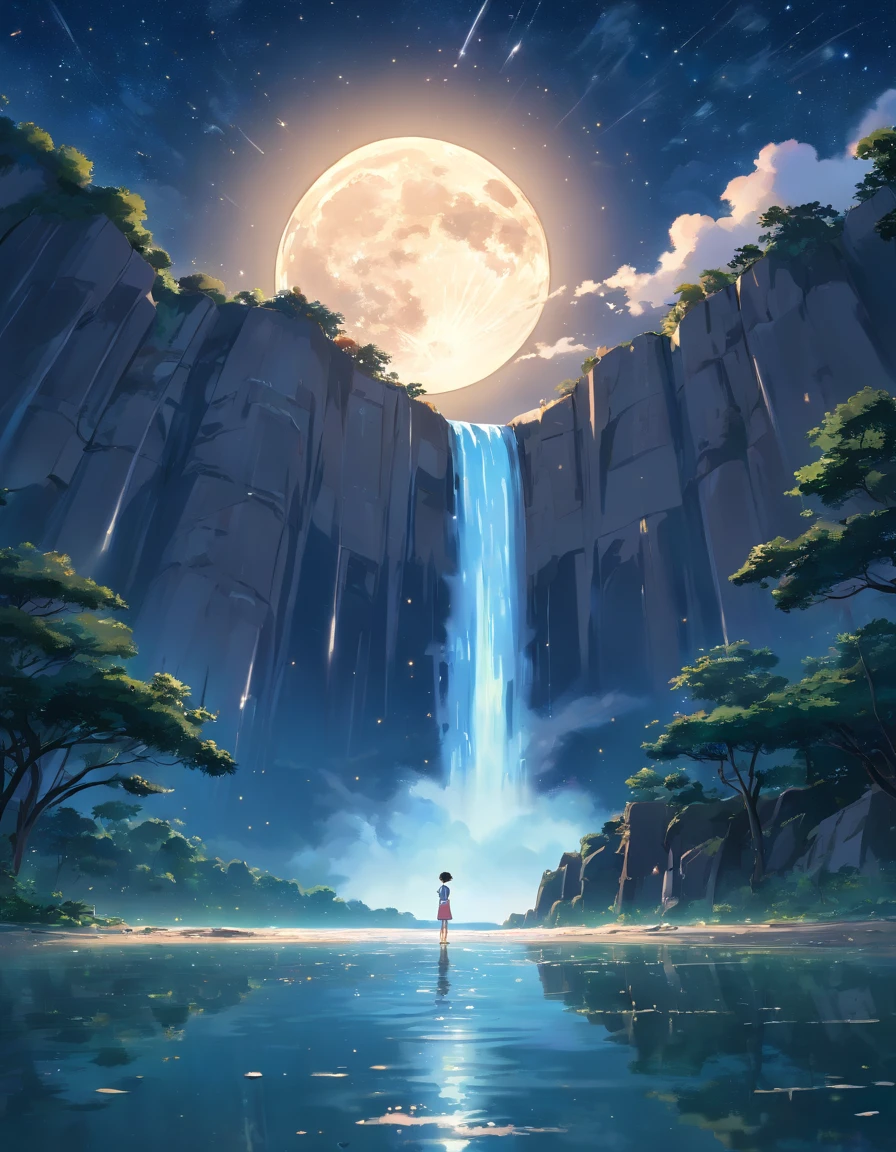 National Geographic style picture, Award winning,(best detailed: 1.5), epic sized waterfall in the desert at night, an (epic sized waterfall: 1.3), water coming down from a desert cliff, water cascading into a large lake that, (moon and stars reflected in the lake: 1.4), you can see the water hitting the pool, drops of water splashing around, desert cliffs background, photorealistic, 16k, RAW, award winning, (best detailed: 1.5), masterpiece, best quality, (best detailed: 1.3), ultra wide shot.